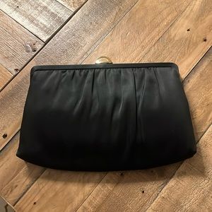 Vintage Mardane USA Black satin clutch w/ Mirror & attached shoulder gold chain